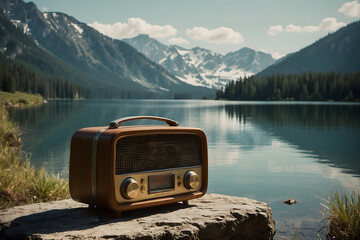 A vintage radio beside a tranquil lake