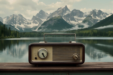 A vintage radio beside a tranquil lake - obrazy, fototapety, plakaty