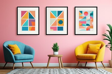cheerful vibe minimal boho interior living room with three art picture frames on wall, wall art design idea for mock up, Generative Ai