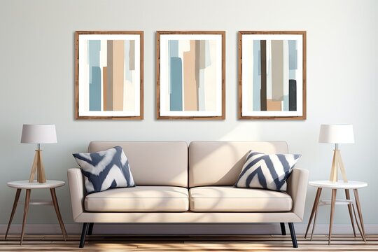 minimal boho interior living room with three art picture frames on wall, wall art design idea for mock up, Generative Ai