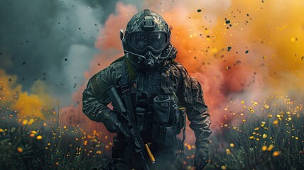 Fototapeta premium Color explosives and a tactical suit for a war game banner