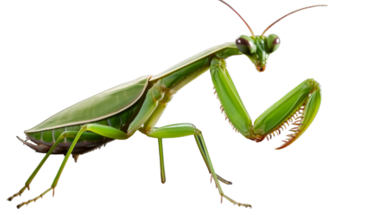 A detailed view of a vibrant green grasshopper perched elegantly on a pristine white surface