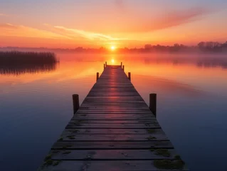  Wooden jetty extends into a calm lake reflecting a vibrant sunset with clouds painted across the sky. © burntime555