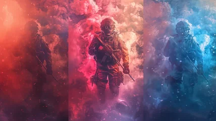 Foto op Plexiglas Color explosives and a tactical suit for a war game banner © Desinage