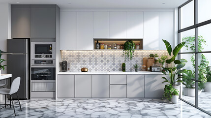 Modern kitchen with grey cabinets and white walls, interior design, simple pattern wall tiles in the background. Generative AI. - obrazy, fototapety, plakaty