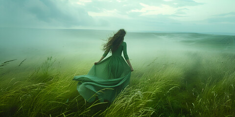 Woman walking in green windy field with tall grass wearing long dress.  generative ai 