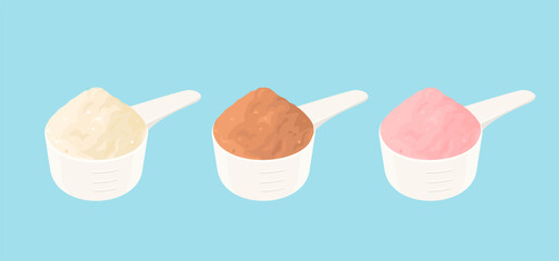 Set of spoons with whey protein powder of different flavor. Vanilla, strawberry and chocolate powder. Vector cartoon flat illustration.