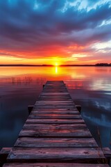 Naklejka na ściany i meble The sun sets in a blaze of color as a weathered pier leads into tranquil waters, reflecting the dramatic sky.