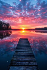 The warm glow of dawn bathes a lakeside jetty, with serene waters and reeds framing the rising sun. - obrazy, fototapety, plakaty