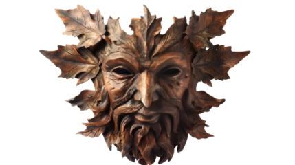 A statue of a man with leaves adorning his face, blending with nature in a harmonious display of art