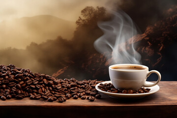 Inviting cup of hot coffee with steam curling above, surrounded by rich, whole coffee beans. Generative AI