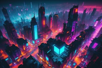 Top view of cyberpunk city, bird's-eye view, skyscraper landscape.