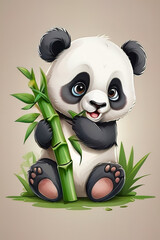 Cute cartoon panda with bamboo on the grass. Vector illustration.