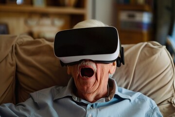 Elderly man wearing a vr headset with mouth open in amazement