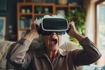 Elderly woman displays excitement and wonder while experiencing virtual reality indoors