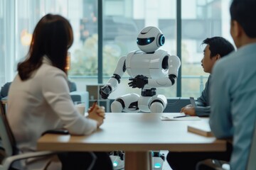 Ai robot engages with business professionals in a high-level strategic meeting