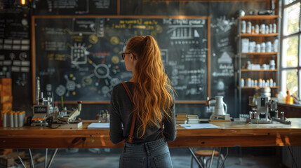 Student woman excitedly collaborating on robotics project, advanced futuristic technology seamlessly integrated, chalkboard filled with complex mathematical equations and diagrams. Generative AI.