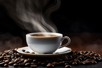 Inviting cup of hot coffee with steam curling above, surrounded by rich, whole coffee beans....