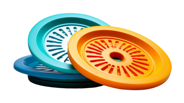 Three colorful frisbees are stacked vertically on top of each other