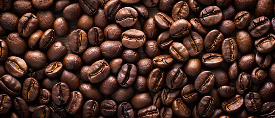 Roasted coffee beans on the table for background or design, top view. - obrazy, fototapety, plakaty