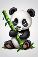 Cute cartoon panda sitting and holding bamboo. Vector illustration.