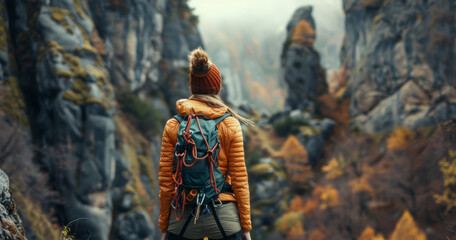 Captured from behind, a young woman stands at the base of a rocky mountain, equipped with climbing gear, poised for ascent.