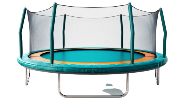 A blue trampoline adorned with a safety net, inviting high-flying fun and joyous bounces