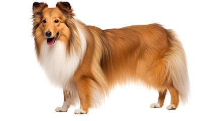 Fototapeta premium A brown and white dog curiously stands against a stark white backdrop