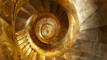A stunning top-down view of a spiral staircase, radiating a golden hue that enhances its grandeur.