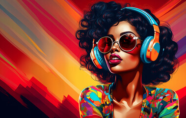 Girl with sunglasses listening to music on  headphones, retro party, poster, vector art for music cover, music vector, cool graphic