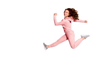 Full length body size photo crazy lifestyle flight high amazing she her lady hands arms help rush shopping wearing modern casual pink costume suit pullover outfit isolated vibrant rose background