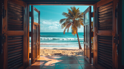 An open door overlooking a tropical paradise beach with white sand and palm trees.
