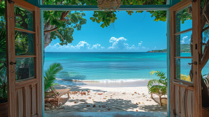 An open door overlooking a tropical paradise white sand beach.