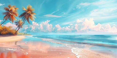 Pastel colors of tropical beach drawing background. Summer holiday and travel vacation concept.