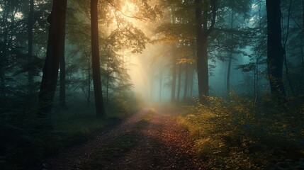 Obraz premium Early morning light breaks through mist in an autumnal park, illuminating a path lined with golden leaves.