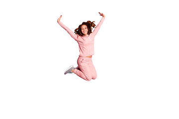 Full length body size photo eyes closed jump high amazing she her lady hands arms help fly arms up like child wearing casual pink costume suit pullover outfit isolated vibrant rose background