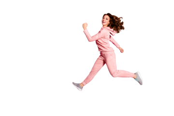 Full length body size photo flight high amazing she her lady hands arms help rush shopping wide steps funny funky wearing casual pink costume suit pullover outfit isolated vibrant rose background