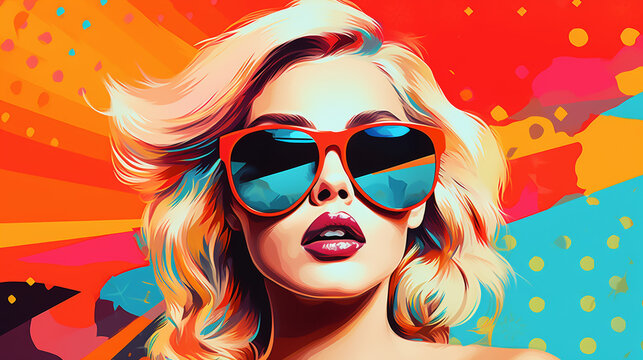 Portrait of a beautiful young woman with bright colorful painted design. Retro and magazine style, modern vision of females beauty and fashion, contemporary artwork