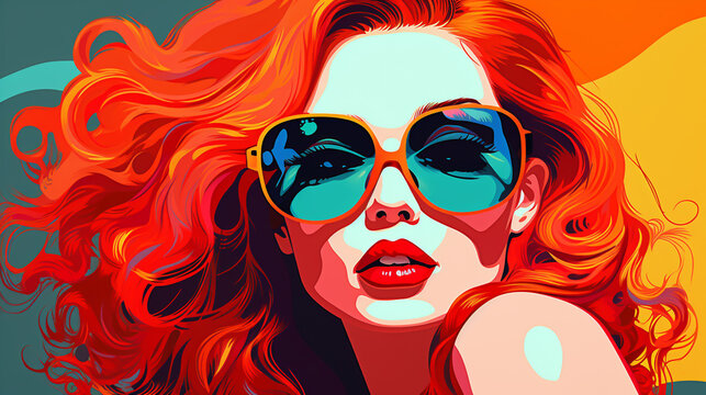 Portrait of a beautiful young woman with bright colorful painted design. Retro and magazine style, modern vision of females beauty and fashion, contemporary artwork