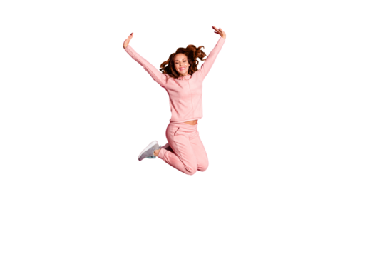 Full length body size photo eyes closed jump high amazing she her lady hands arms help fly arms up like child wearing casual pink costume suit pullover outfit isolated vibrant rose background