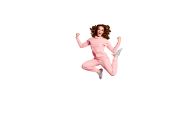 Full length body size photo jump high amazing she her party lady hands arms fists raised great flexibility wearing casual pink costume suit pullover outfit isolated bright vibrant rose background