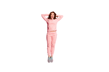 Full length body size photo jump high amazing she her lady hands arms behind head unbelievable success shopping wearing casual pink costume suit pullover outfit isolated vibrant rose background
