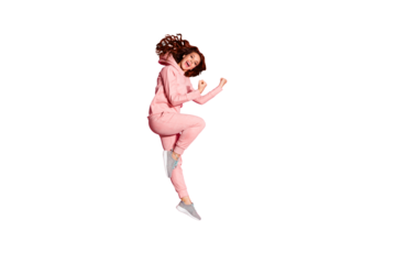 Full length body size photo funky jump high amazing she her lady hands arms fists raised breakthrough wearing casual pink costume suit pullover outfit isolated bright vibrant rose background