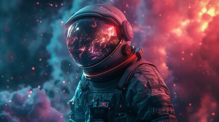 Astronaut, helmet, futuristic, observing the inhabitants of a parallel universe, surrounded by cosmic storms, realistic, backlighting, chromatic aberration - obrazy, fototapety, plakaty