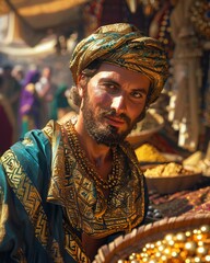 Gold Merchant, Silk Robe, Wealthy trader in ancient civilization reliant on gold trade, showcasing their opulence and prosperity, bustling marketplace, sunny day, realistic, golden hour, bokeh effect