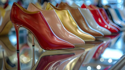 A row of high heel shoes stands in perfect alignment on a mirrored rack. - obrazy, fototapety, plakaty