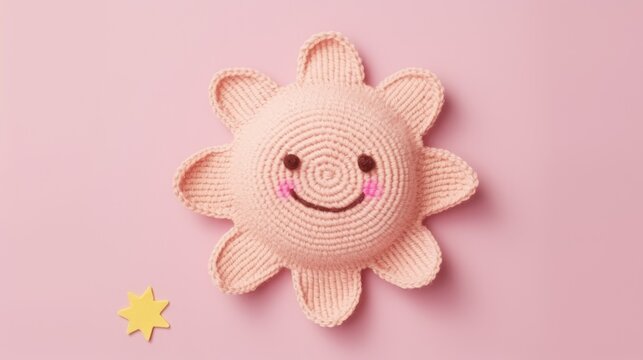 Knitted, cute pink sun with a smile on a pink background, top view, with space for text. Greeting card, hobbies, knitting, children's toys.