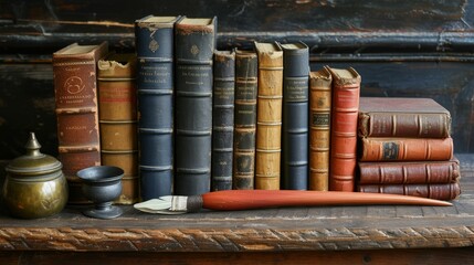 A solitary quill in an ink pot, poised on a pile of time-worn books, evokes the essence of bygone scholarly pursuits.