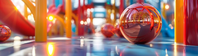 Interactive sculptures, whimsical playgrounds, dynamic public art installations, photography, backlights, depth of field bokeh effect