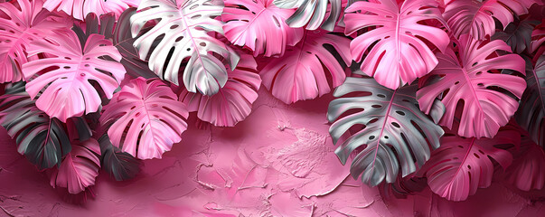 A vibrant and textured backdrop with stylized pink and silver monstera leaves evoking beauty,...